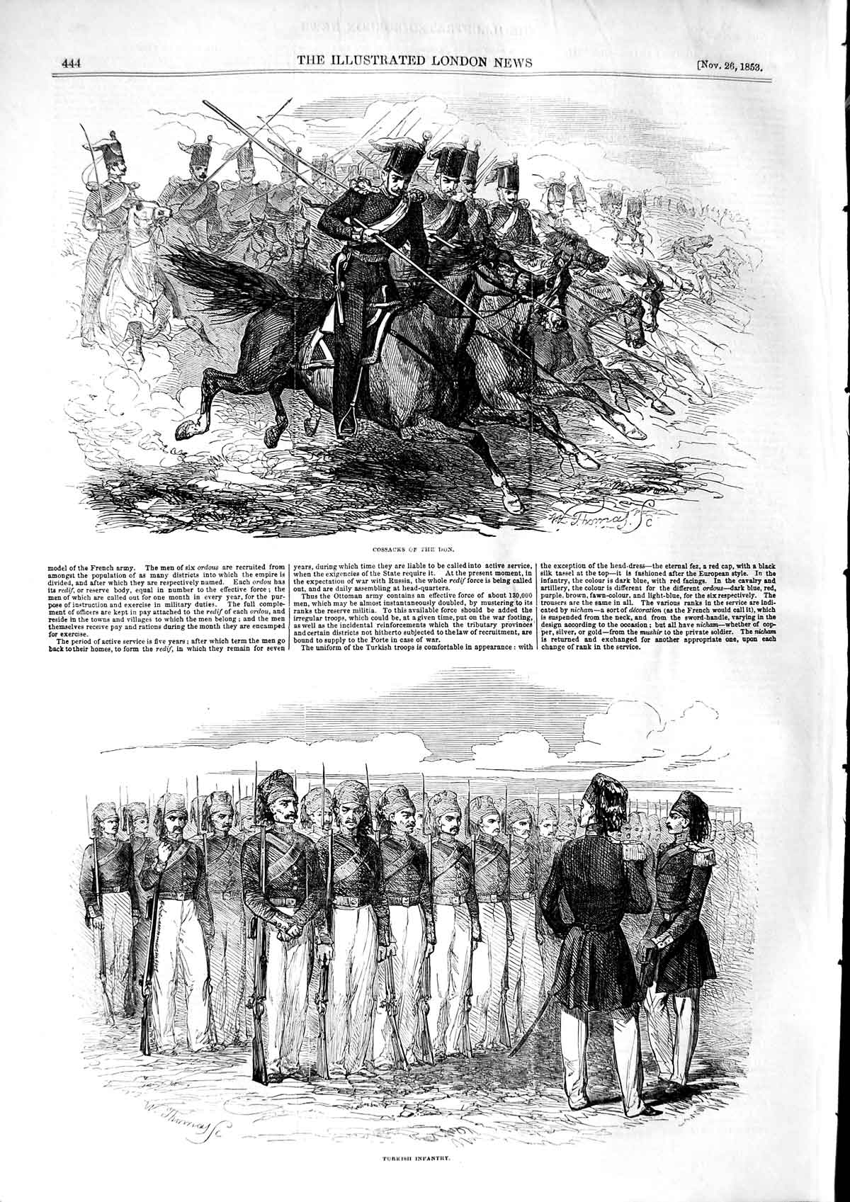 Original Old Antique Print 1853 Cossacks Don Siers Turkish Infantry War Uniform