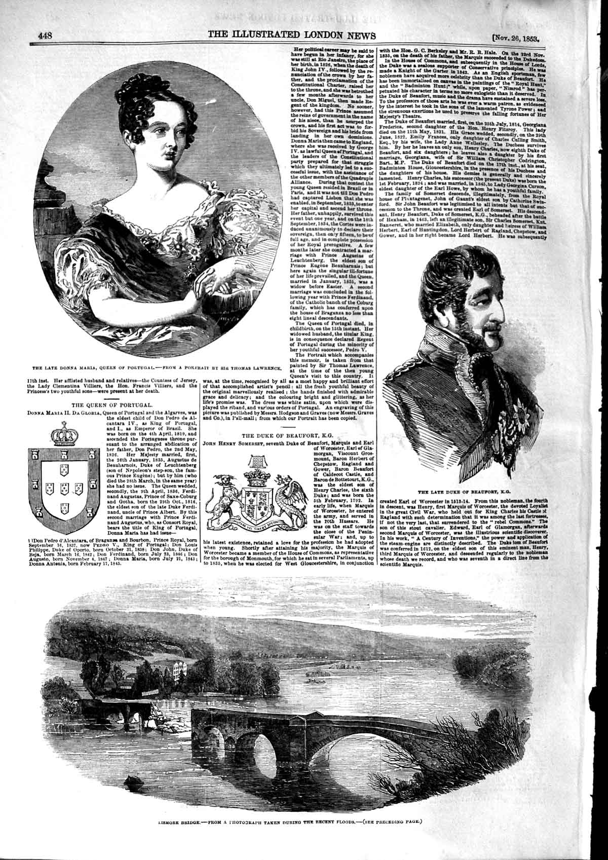Old Antique Print 1853 Donna Maria Queen Portugal Lismore Bridge Beaufort 19th