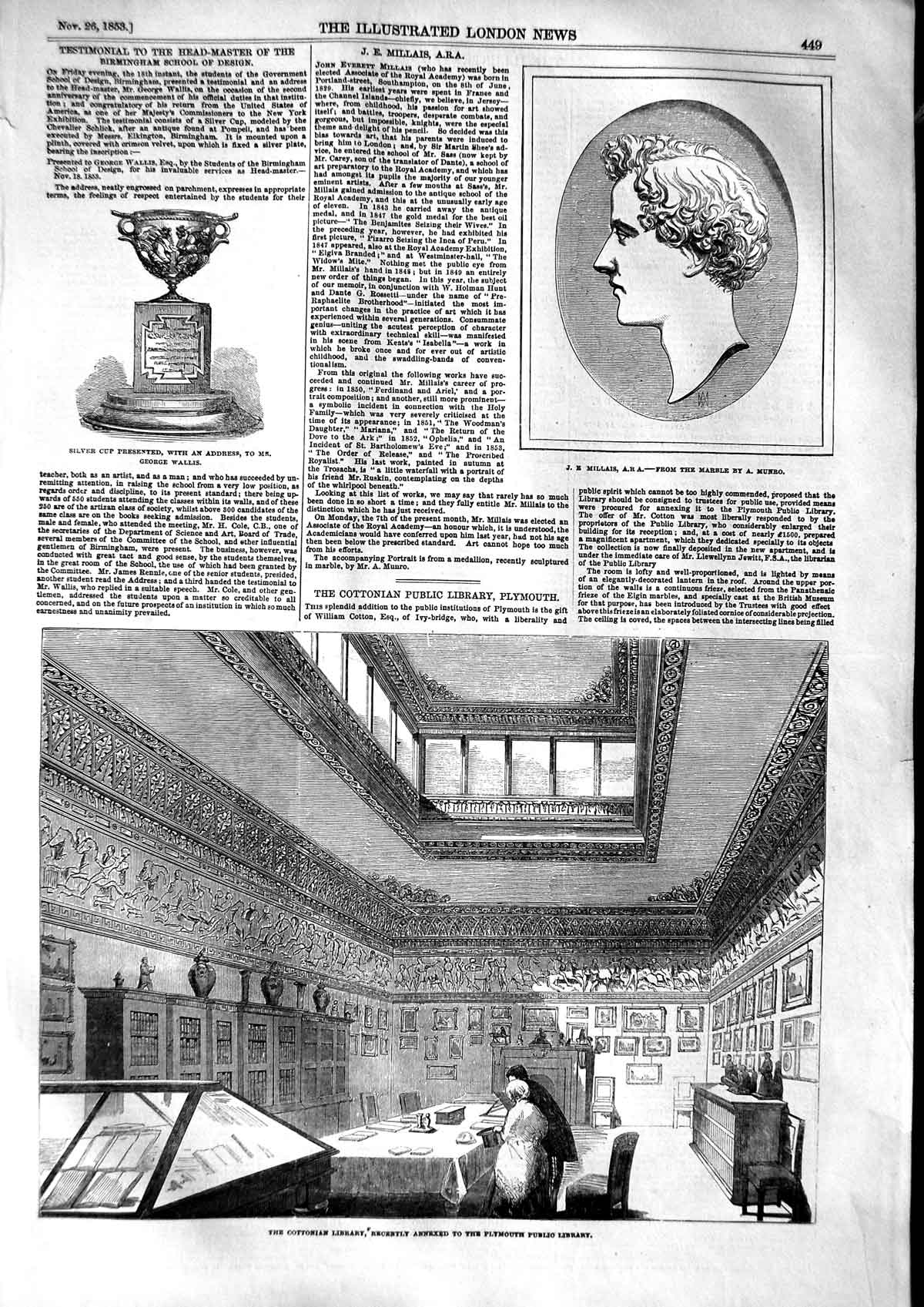 Original Old Antique Print 1853 Cottonian Library Plymouth Millais Wallis Cup