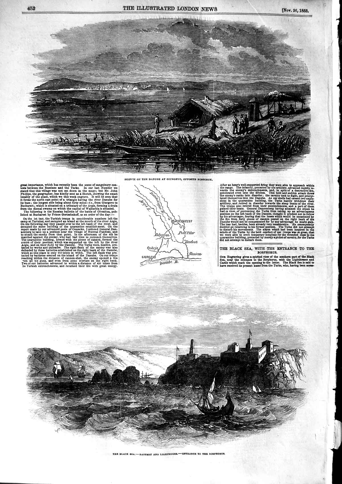 Old Antique Print 1853 Danube Giurgeyo Rustchuk Black Sea Lighthouse Boat 19th