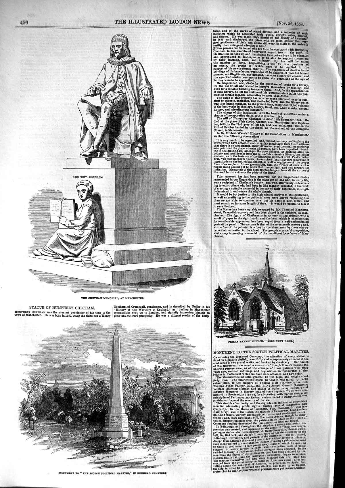 Old Antique Print 1853 Chetham Memorial Manchester Nunhead Barnet Church 19th