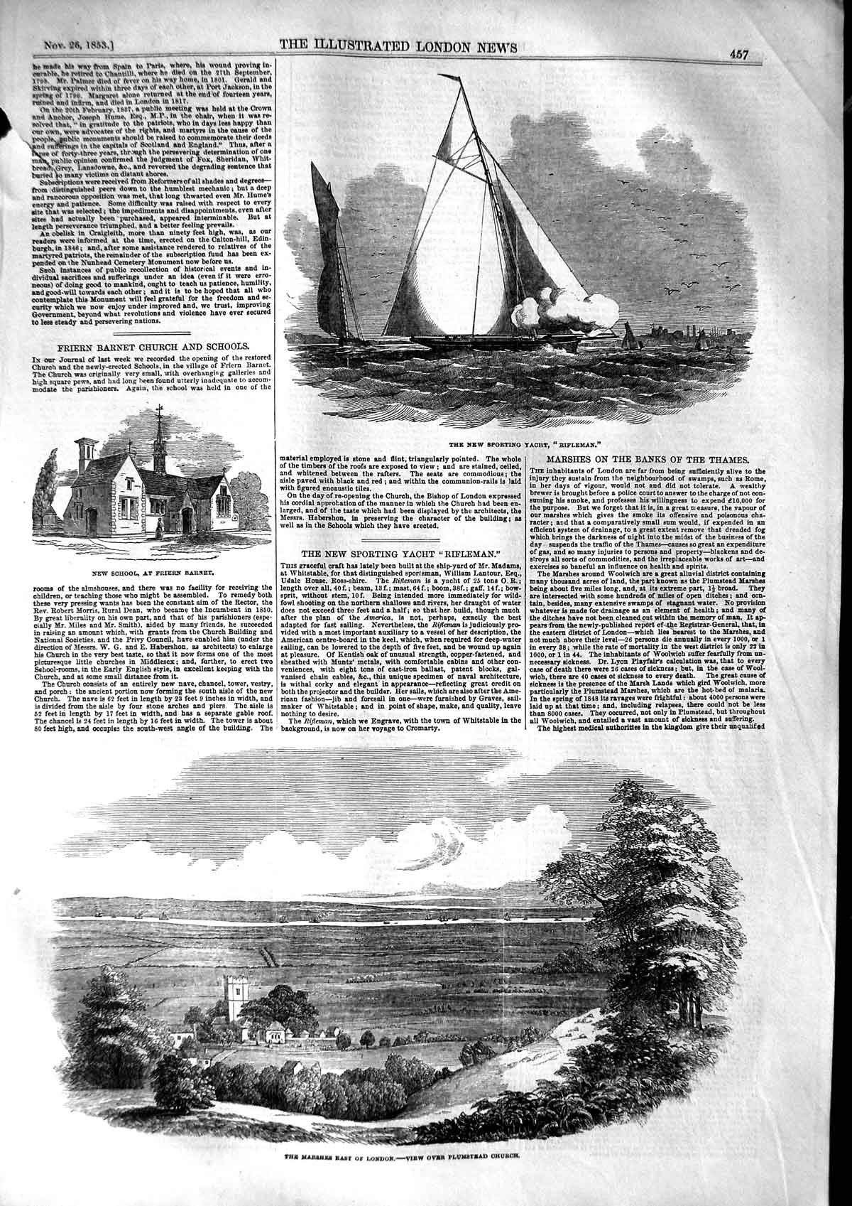 Original Old Antique Print 1853 Marshes London Plumstead Church Yacht Rifleman