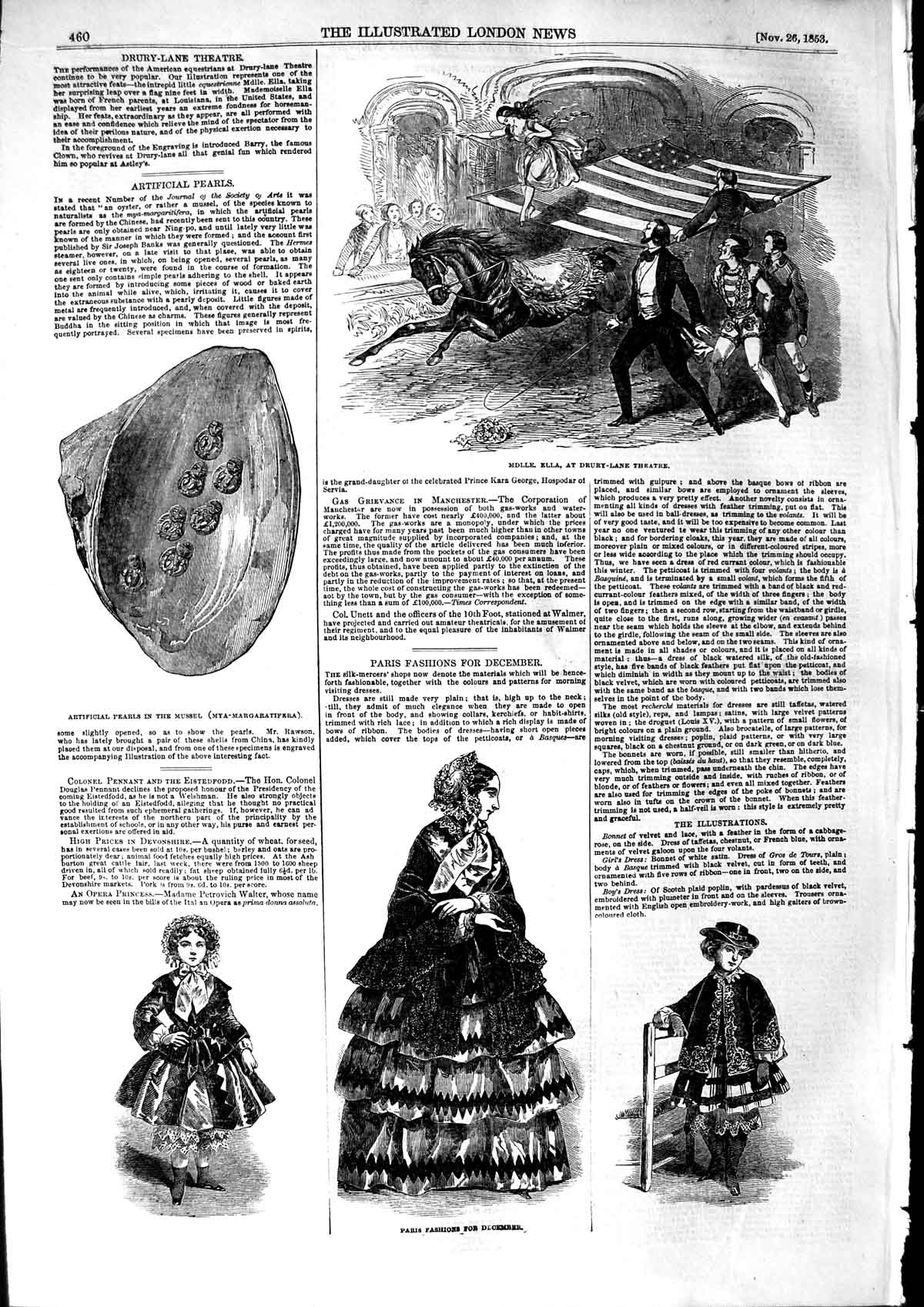 Original Old Antique Print 1853 Paris Fashion Pearls Mussel Ella Drury 19th