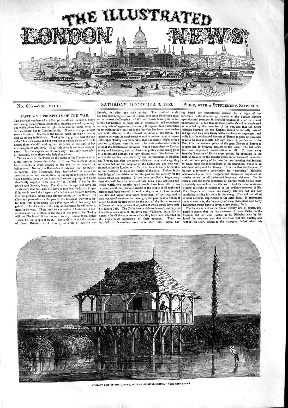 Original Old Antique Print 1853 Military Post River Danube War Siers Victorian