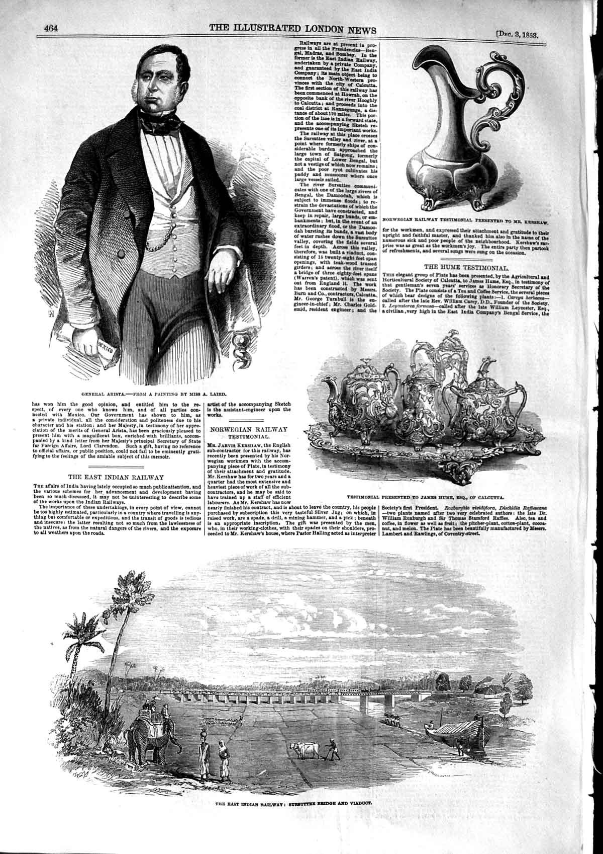 Original Old Antique Print 1853 General Arista Indian Railway Sursuttee Viaduct