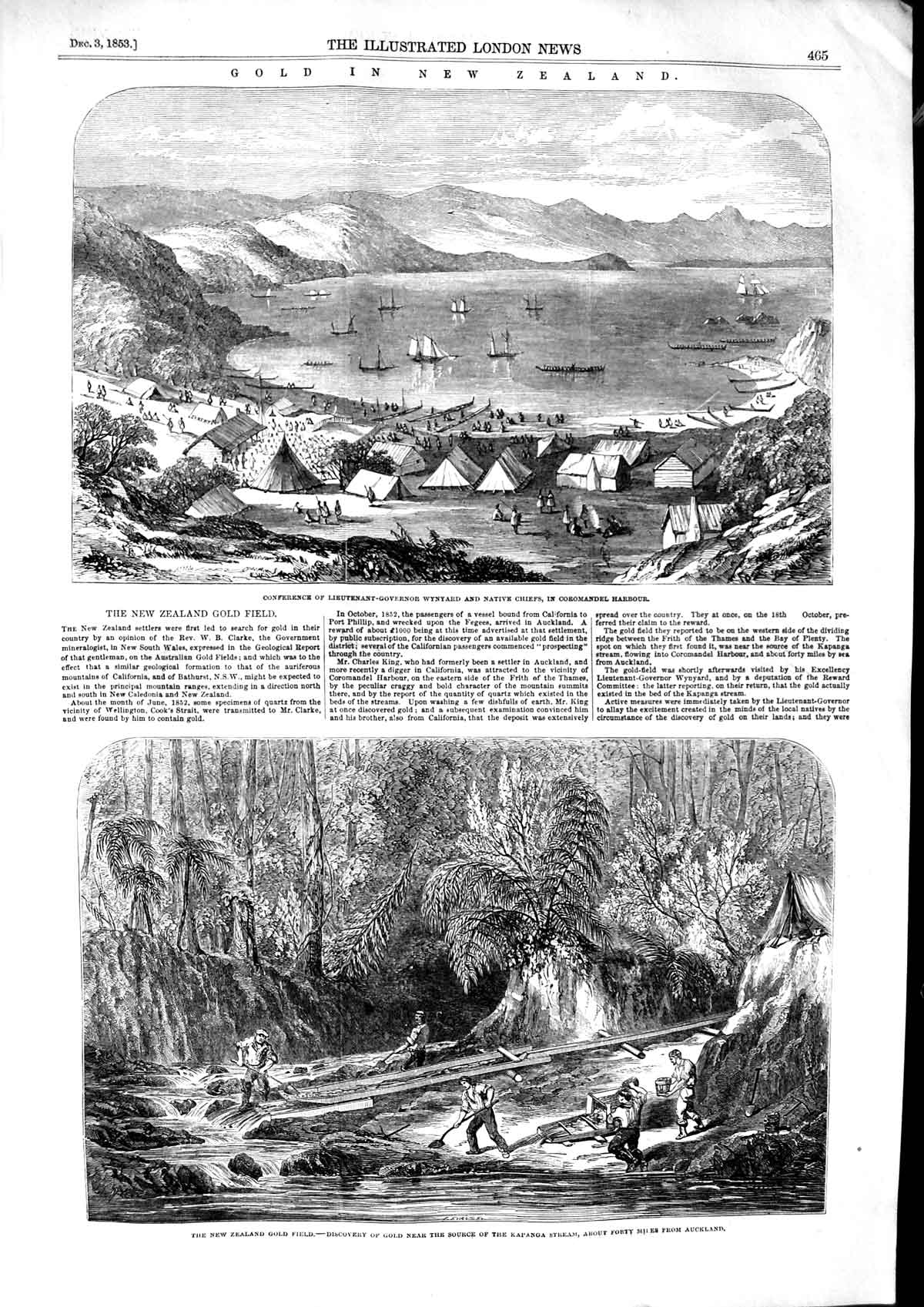 Original Old Antique Print 1853 GNew Zealand Wynyard Kapanga Stream Victorian