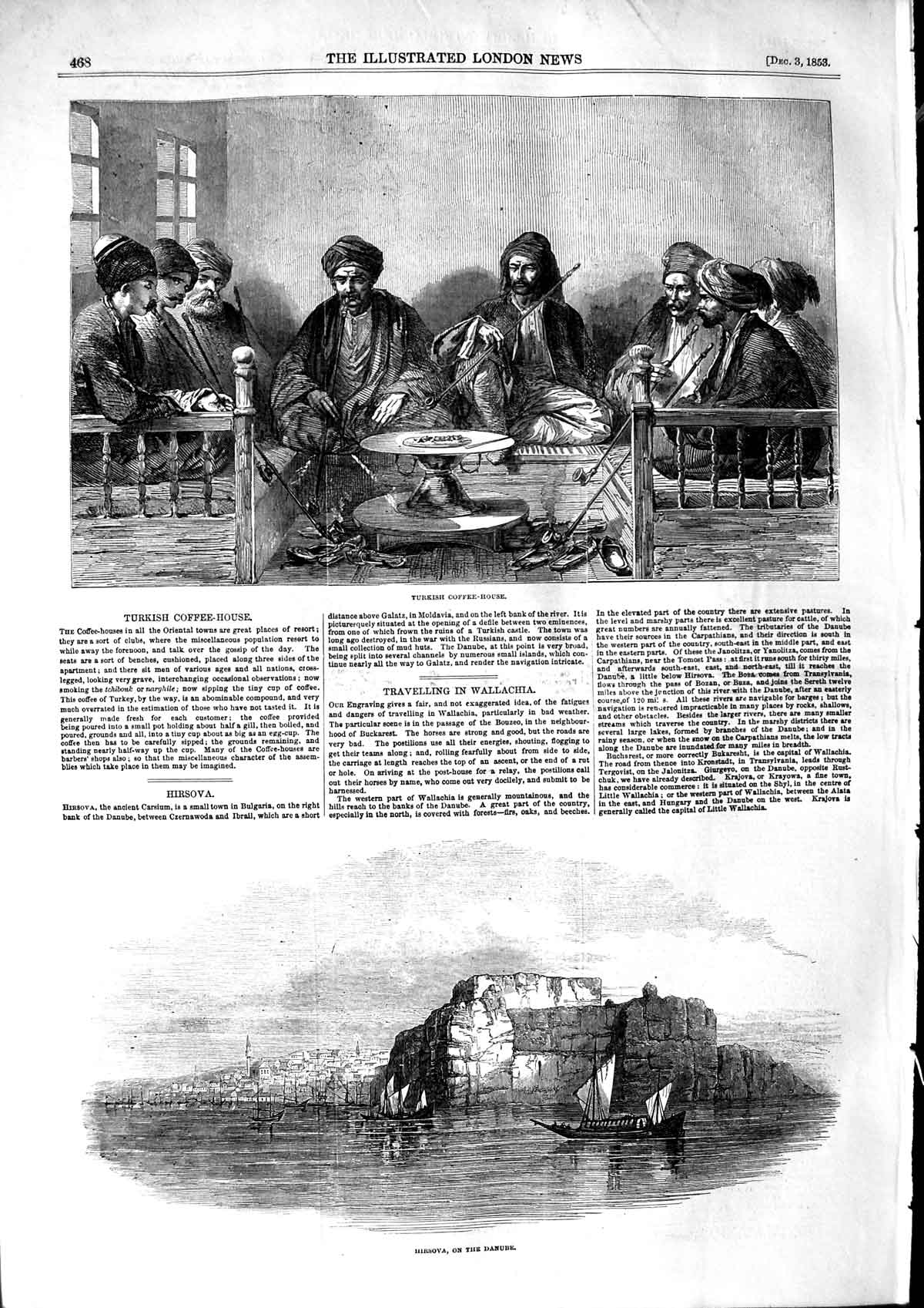 Original Old Antique Print 1853 Turkish Coffee House View Hirsova River 19th
