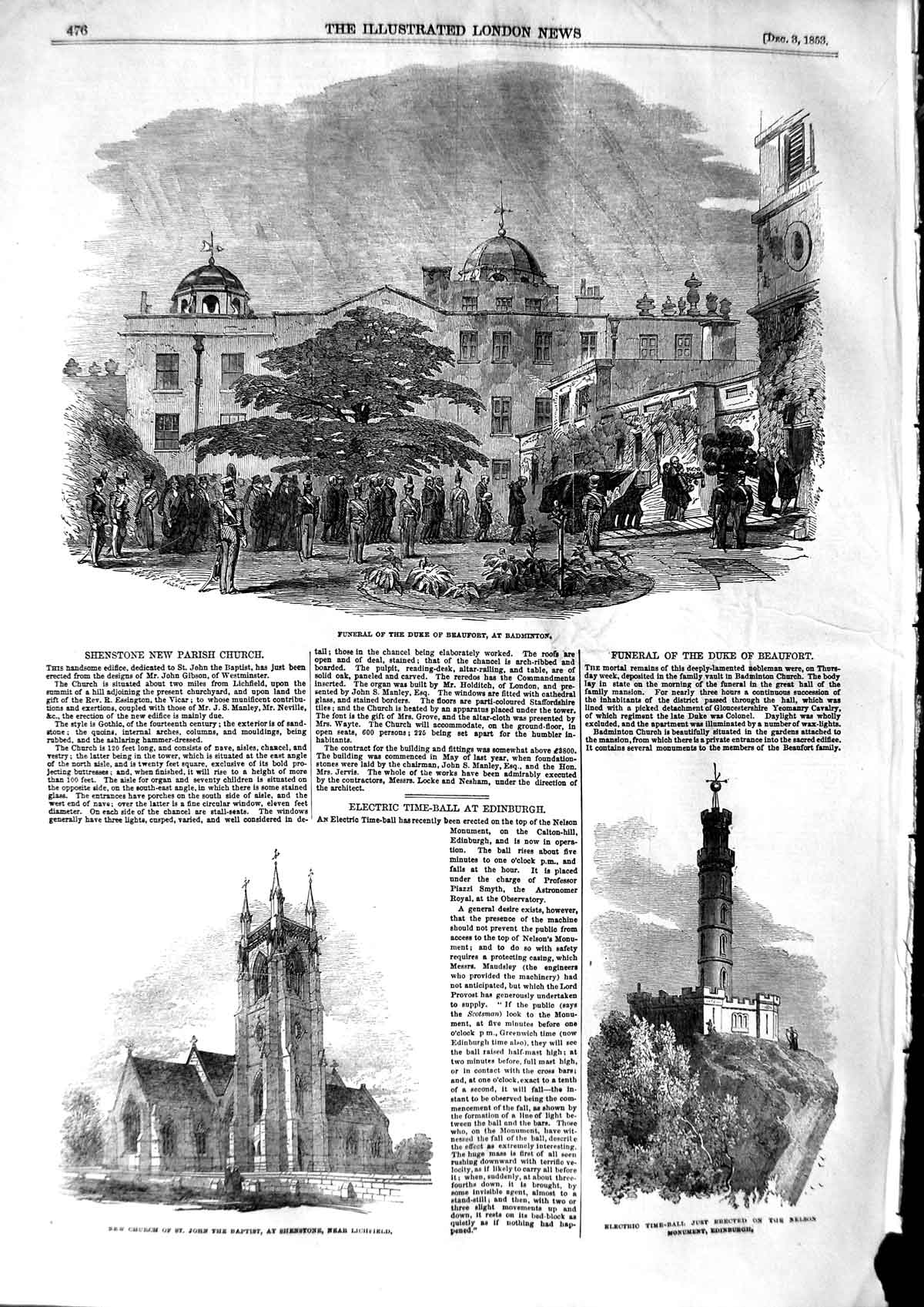 Original Old Antique Print 1853 Funeral Duke Beaufort Badminton Church Baptist