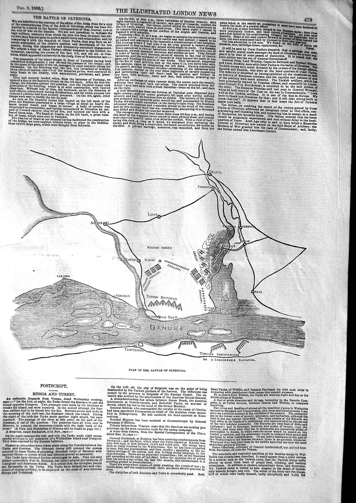 Original Old Antique Print 1853 Plan Battle Oltenitza War Danube Turkey Russia