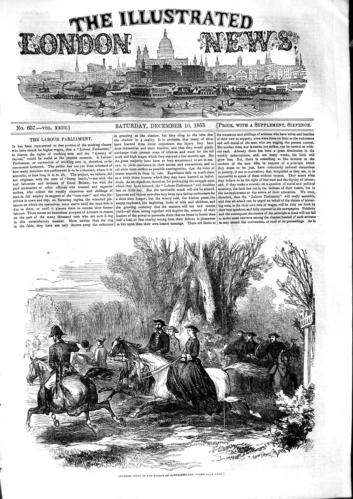 Original Old Antique Print 1853 Imperial Hunt Forest Fontainebleau Horses Sport