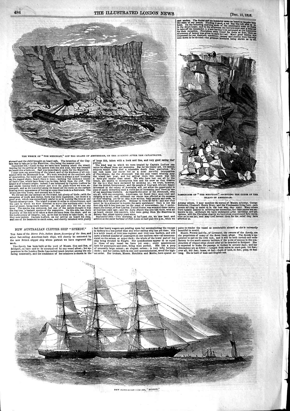 Original Old Antique Print 1853 Ship Wreck Meridian Amsterdam Australian 19th