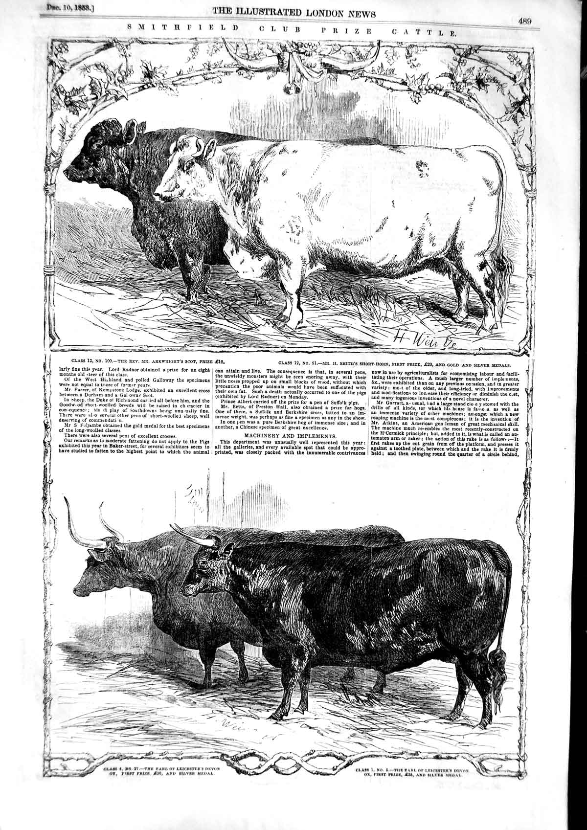 Old Antique Print 1853 Smithfield Club Cattle American Thrashing Machine 19th