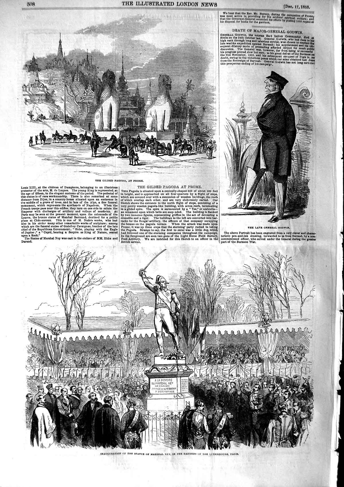Old Antique Print 1853 Statue Ney Luxembourg Paris General Godwin Prome 19th