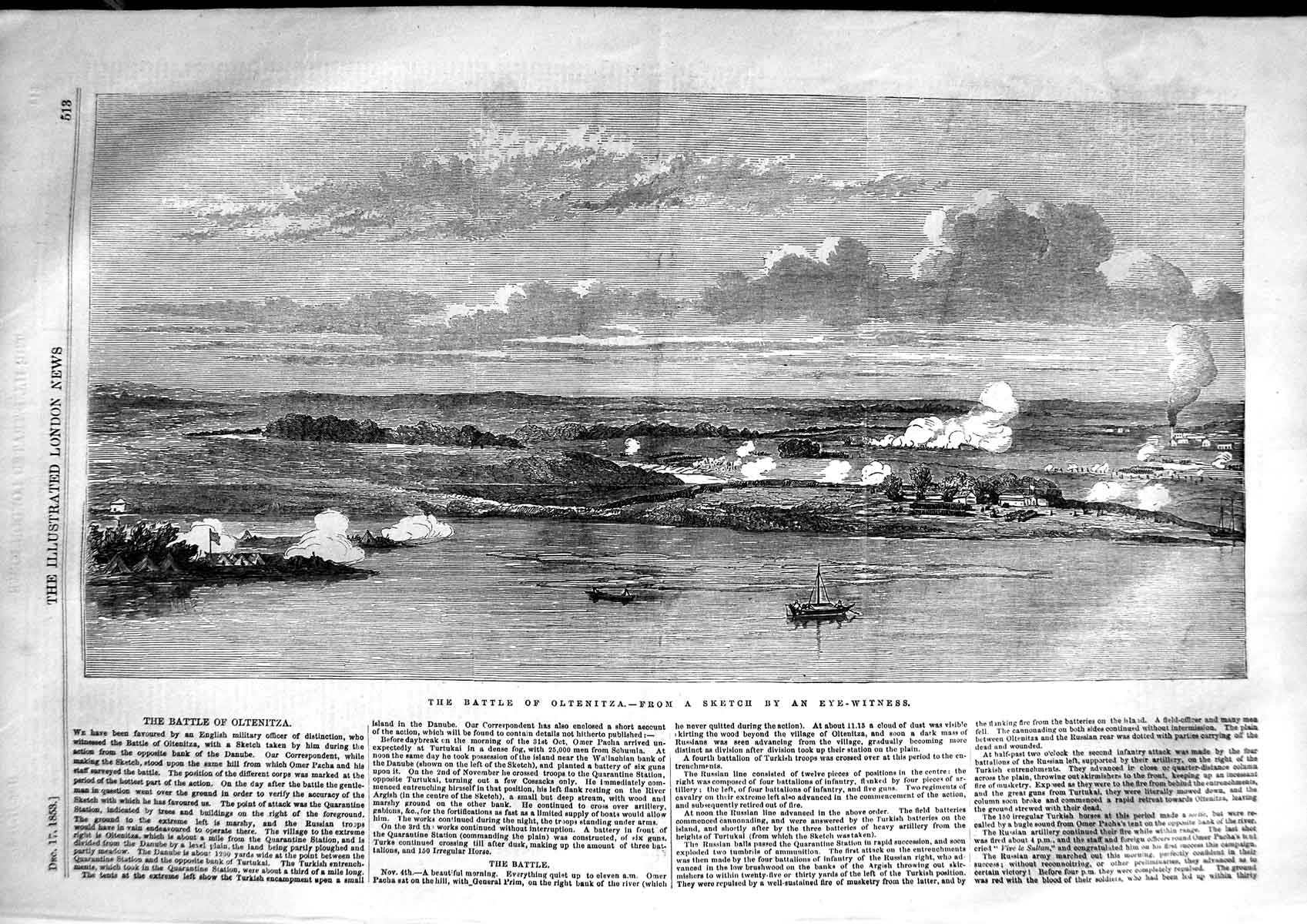 Original Old Antique Print 1853 Scene Battle Oltenitza War Ships River Danube