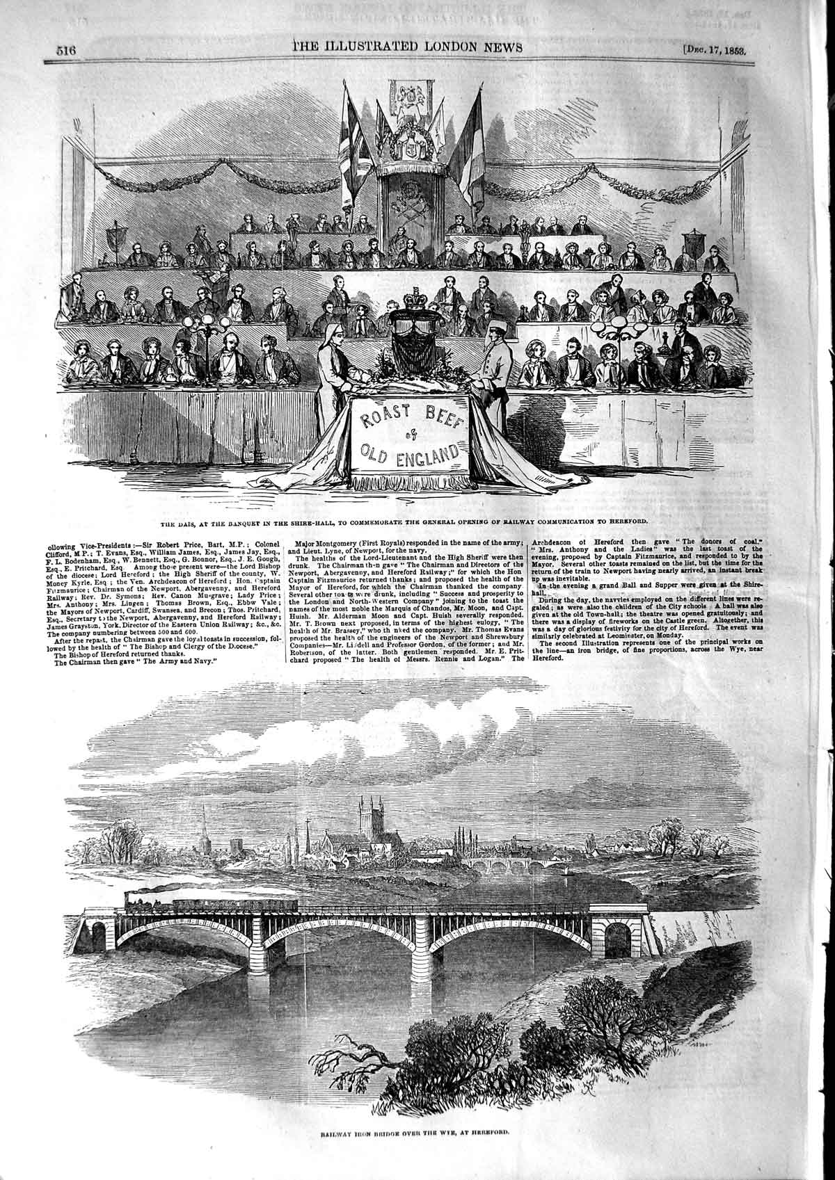 Original Old Antique Print 1853 Dais Banquet Shire Railway Iron Bridge Hereford