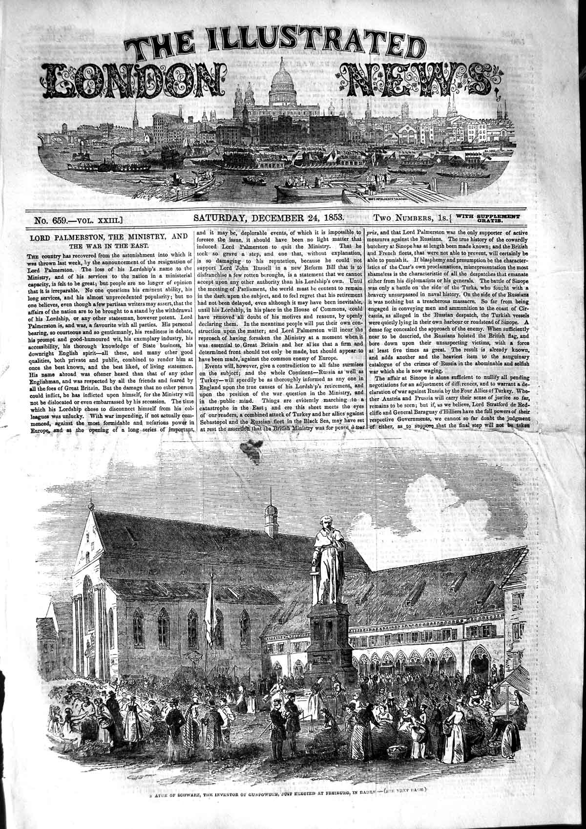 Original Old Antique Print 1853 Statue Scwarz Inventor Gunpowder Freiburg Baden