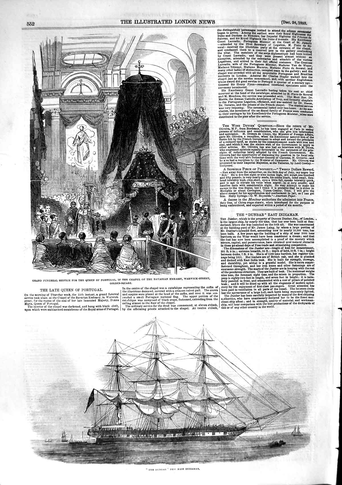 Old Antique Print 1853 Funeral Queen Bavaria Embassy Portugal Dunbar Ship 19th