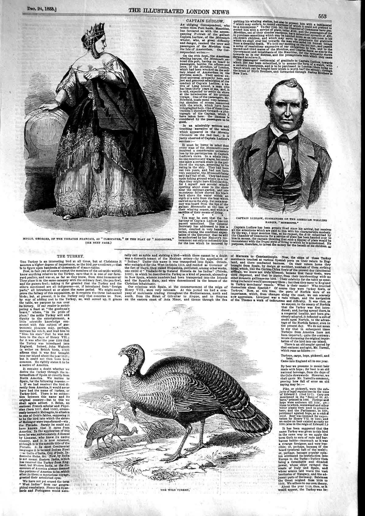 Old Antique Print 1853 Captain Ludlow Mdlle. Georges Theatre Wild Turkey 19th