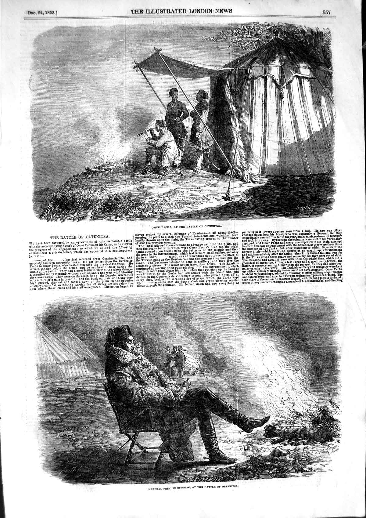 Old Antique Print 1853 Omer Pacha Battle Oltenitza General Prim Bivouac 19th