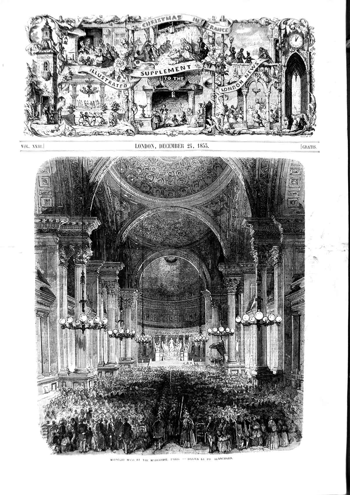 Old Antique Print 1853 Scene Midnight Mass Madeleine Paris France Church 19th