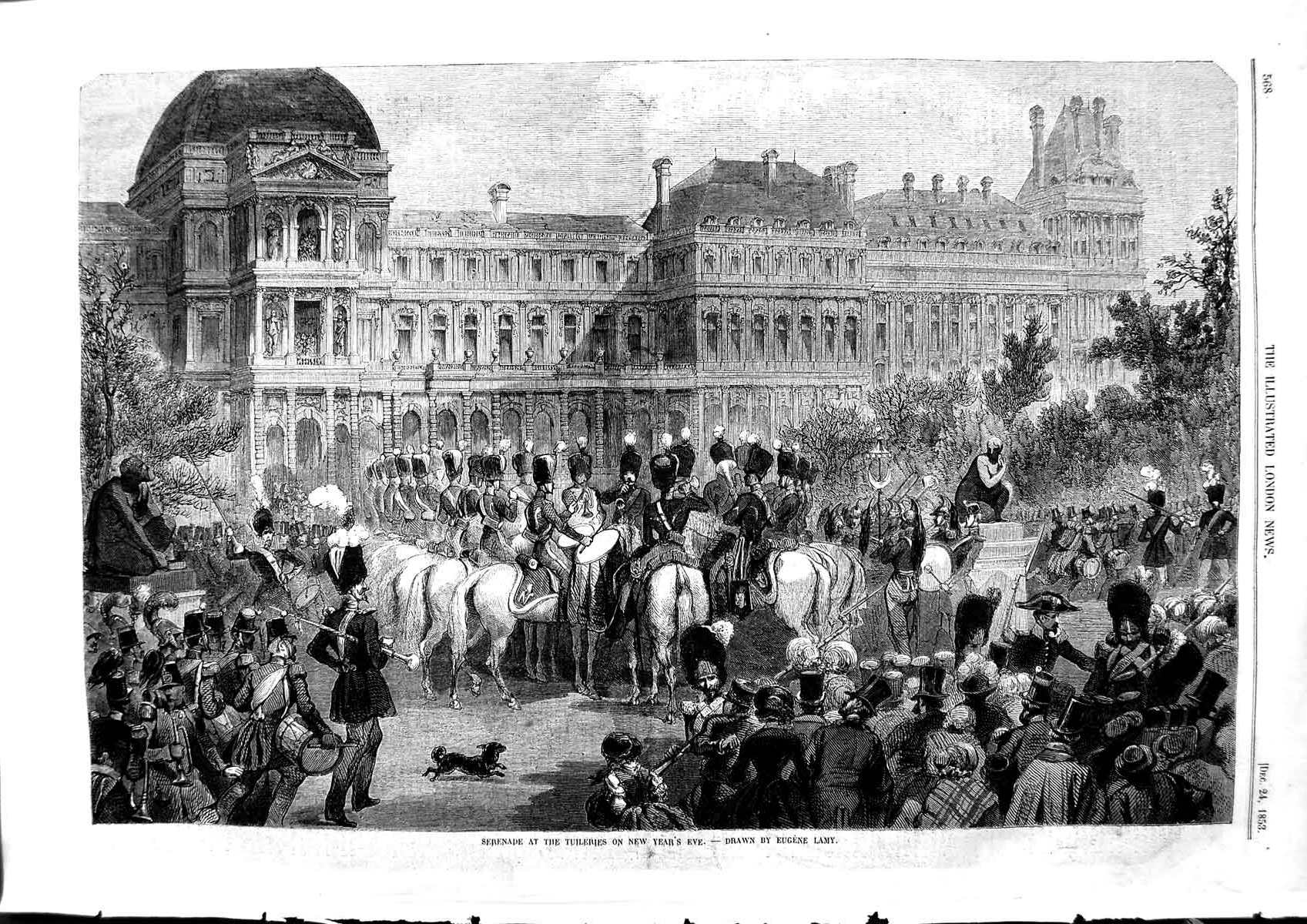 Original Old Antique Print 1853 Serenade Tuileries New Years Eve France Siers
