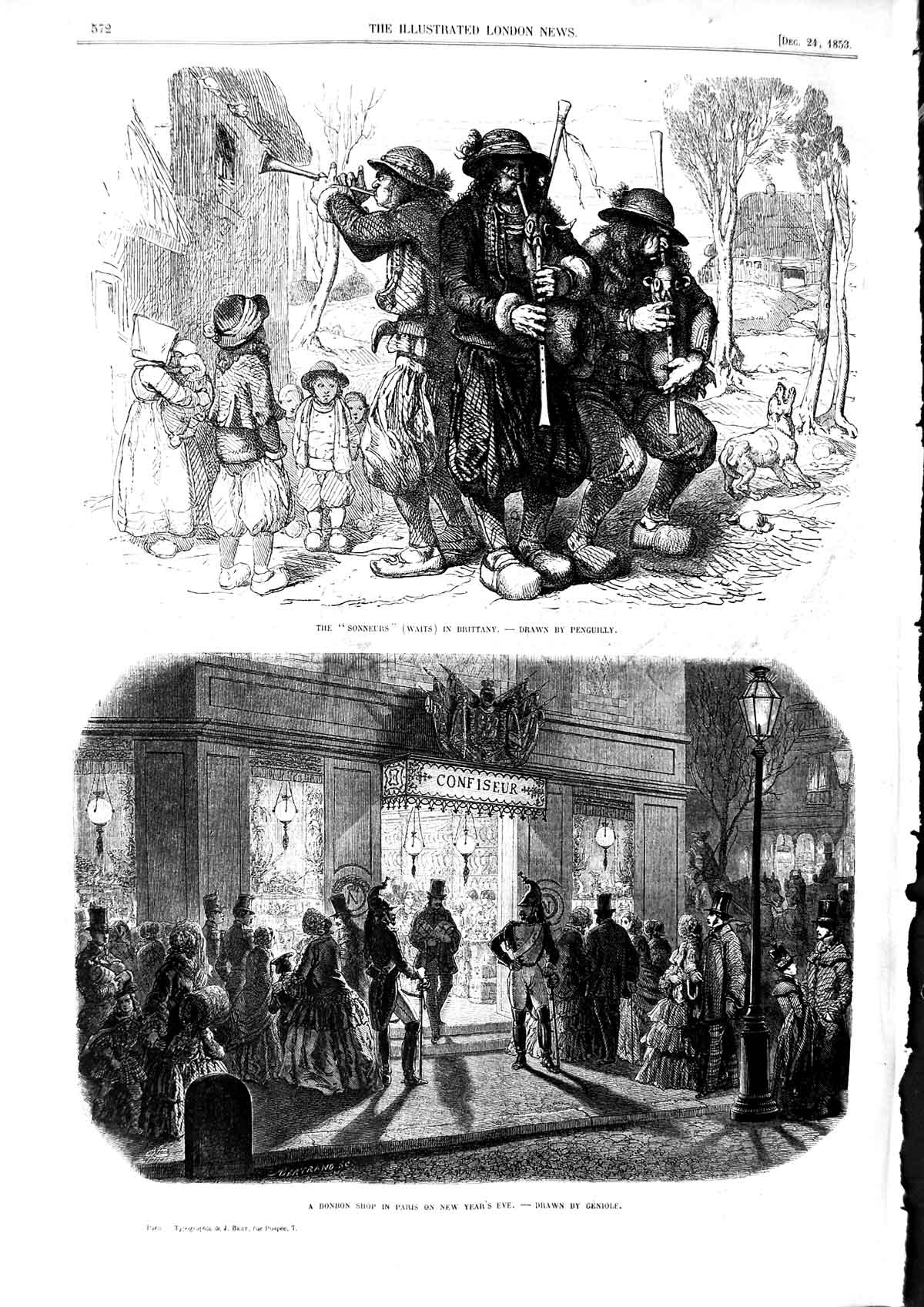 Original Old Antique Print 1853 Bonbon Shop Paris New Year Scene Sonneurs Music