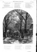 Original Old Antique Print 1853 Winter Moonlight Scene Village Church Singing