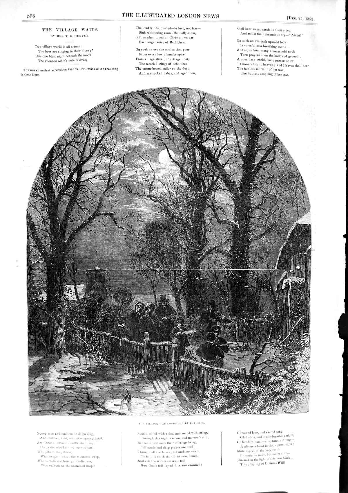 Original Old Antique Print 1853 Winter Moonlight Scene Village Church Singing