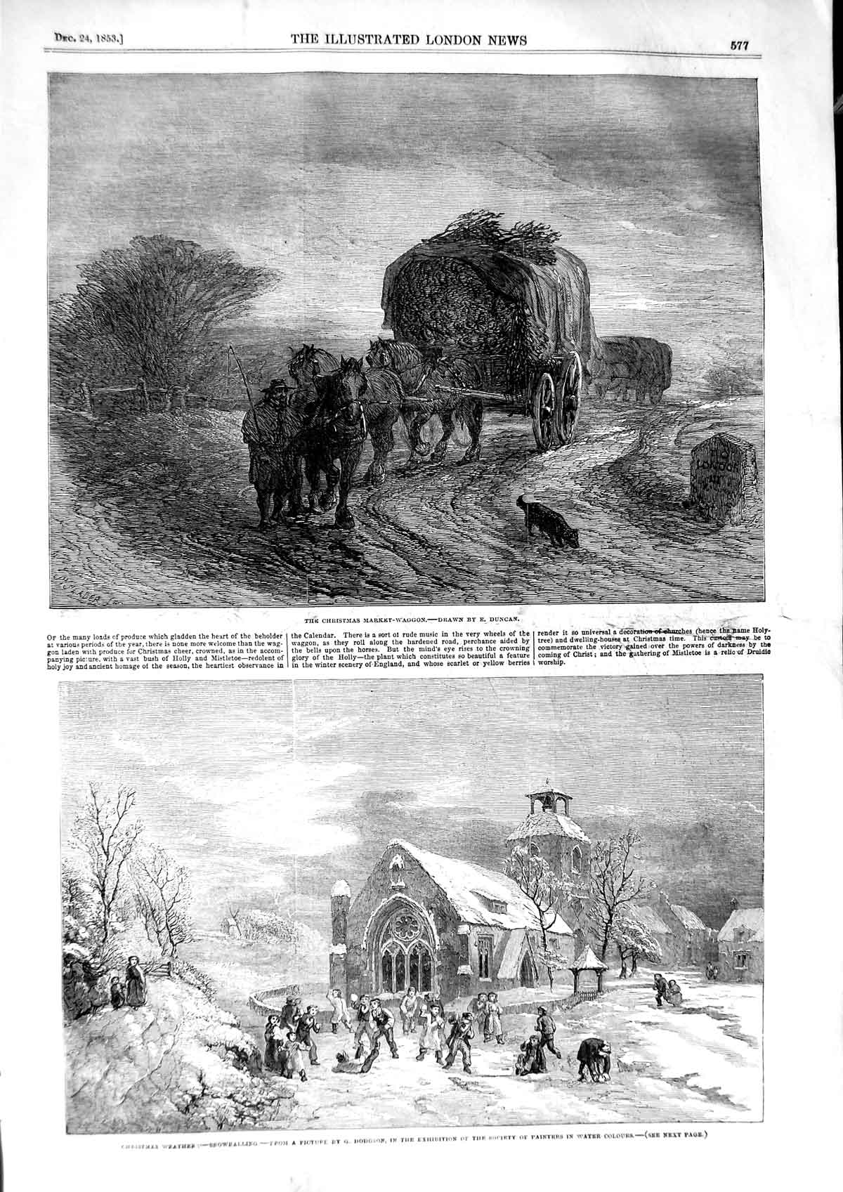 Old Antique Print 1853 Christmas Market Waggon Children Snowballs Church 19th