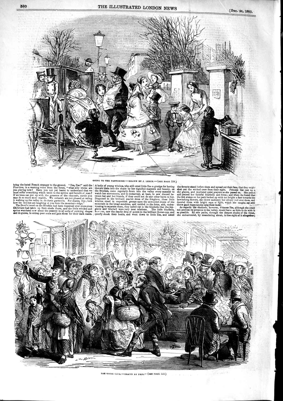 Original Old Antique Print 1853 Christmas Pantomimes Family Goose Club Party