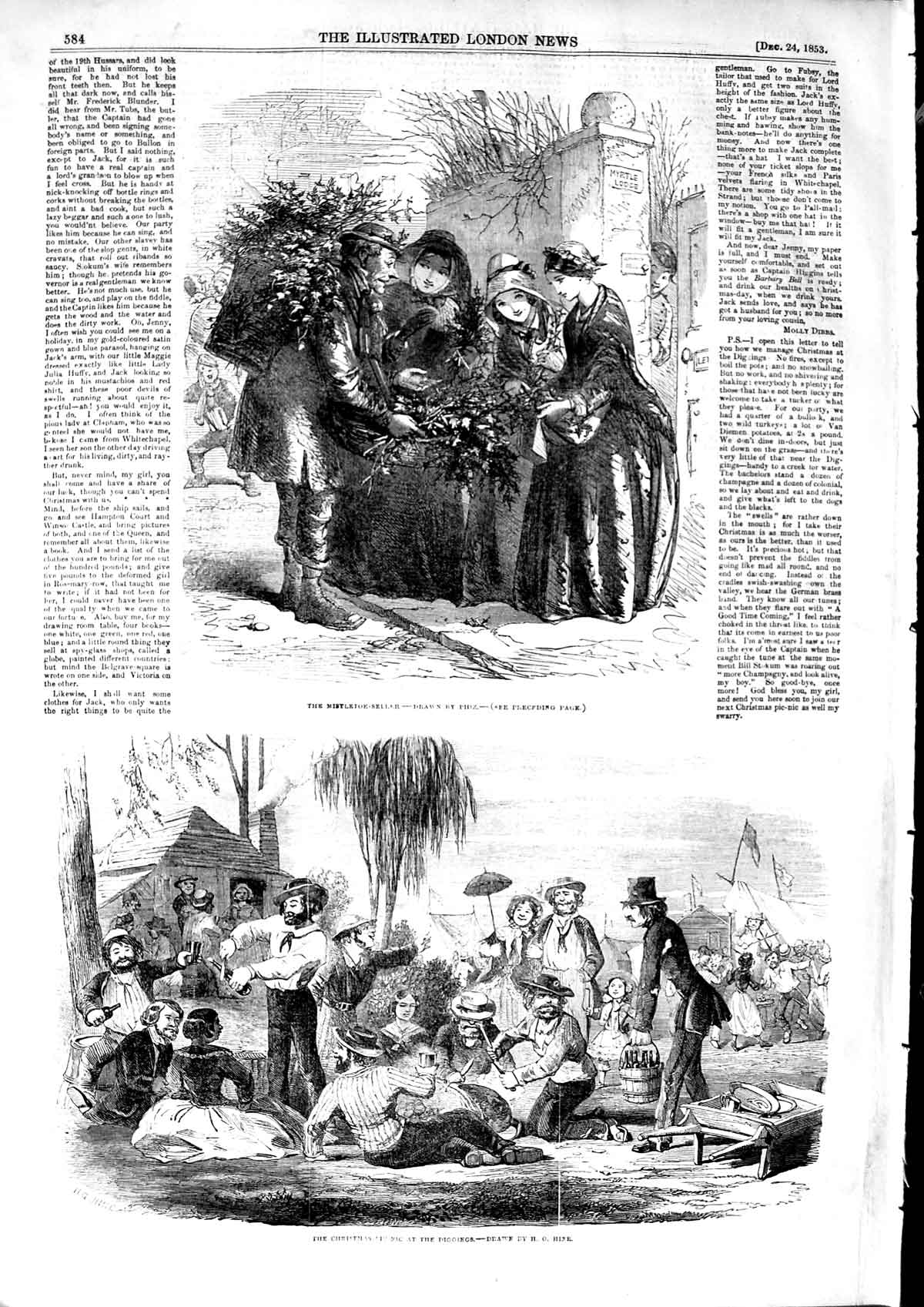 Old Antique Print 1853 Mistletoe Seller Christmas Picnic Diggings Party 19th