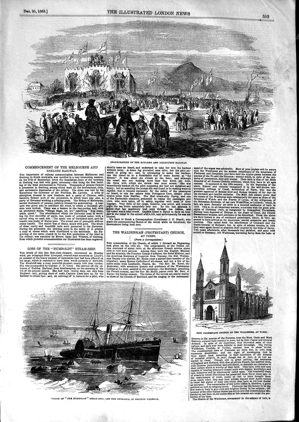 Original Old Antique Print 1853 Geelong Melbourne Railway Ship Humbt Victorian