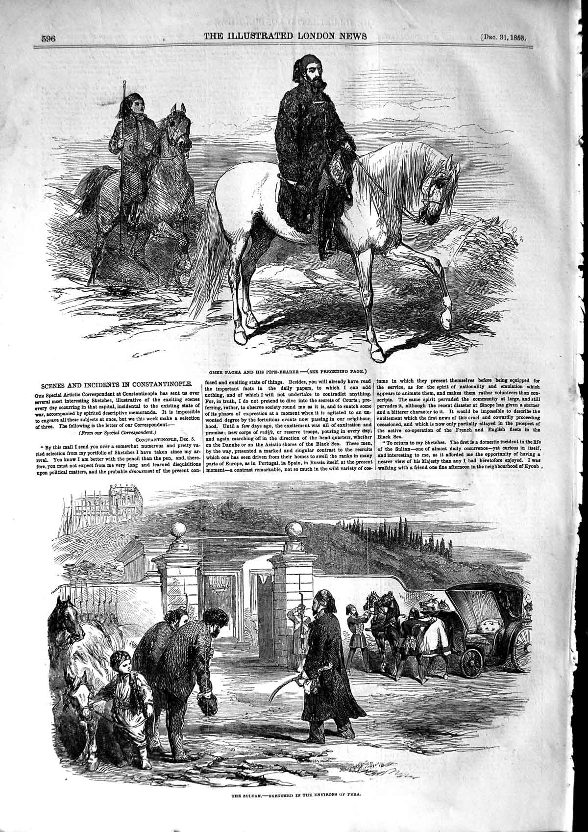 Old Antique Print 1853 Omer Pacha Pipe Bearer Constantinople Sultan Pera 19th