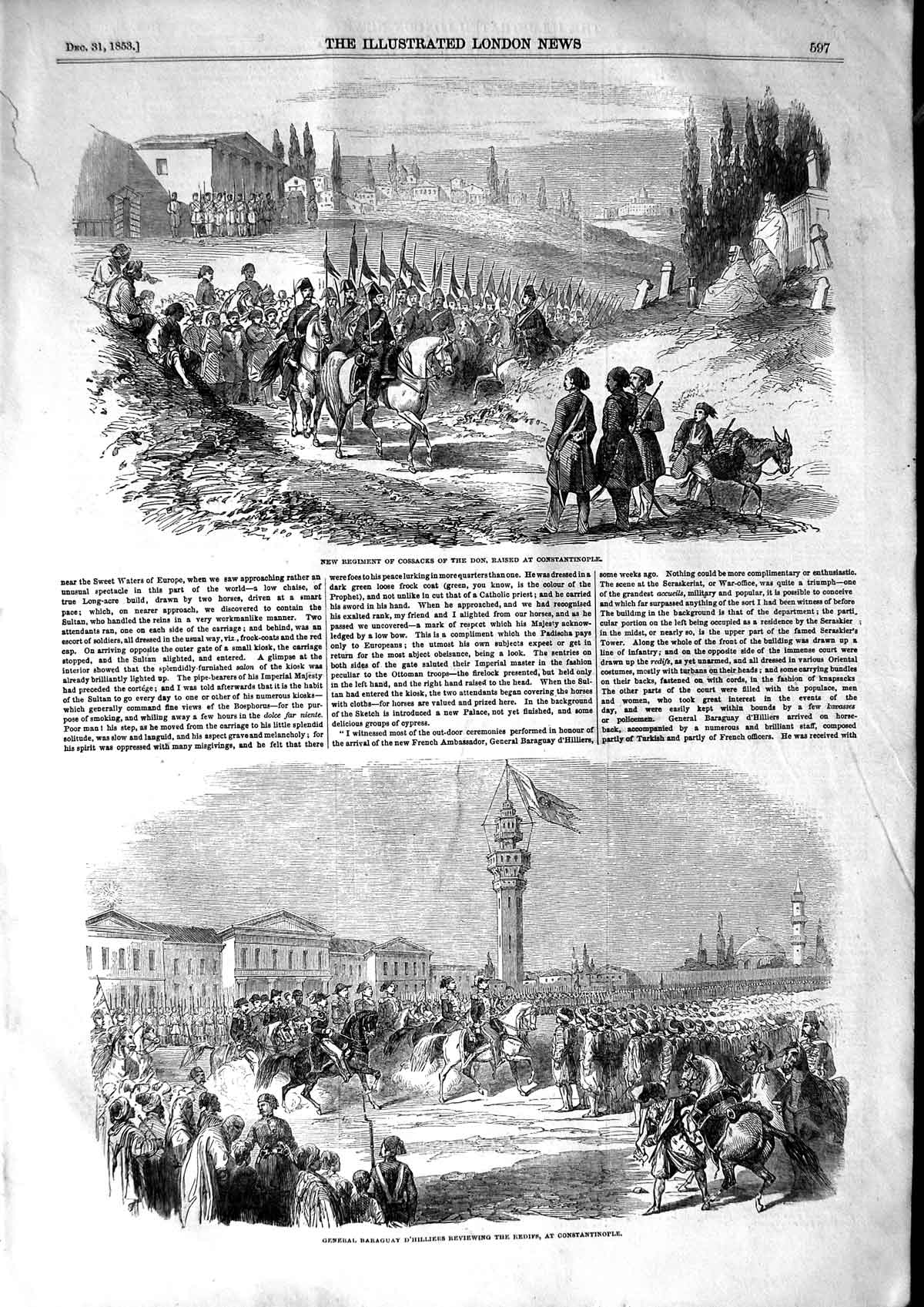 Old Antique Print 1853 Cossacks Don Constantinople War General Baraguay 19th