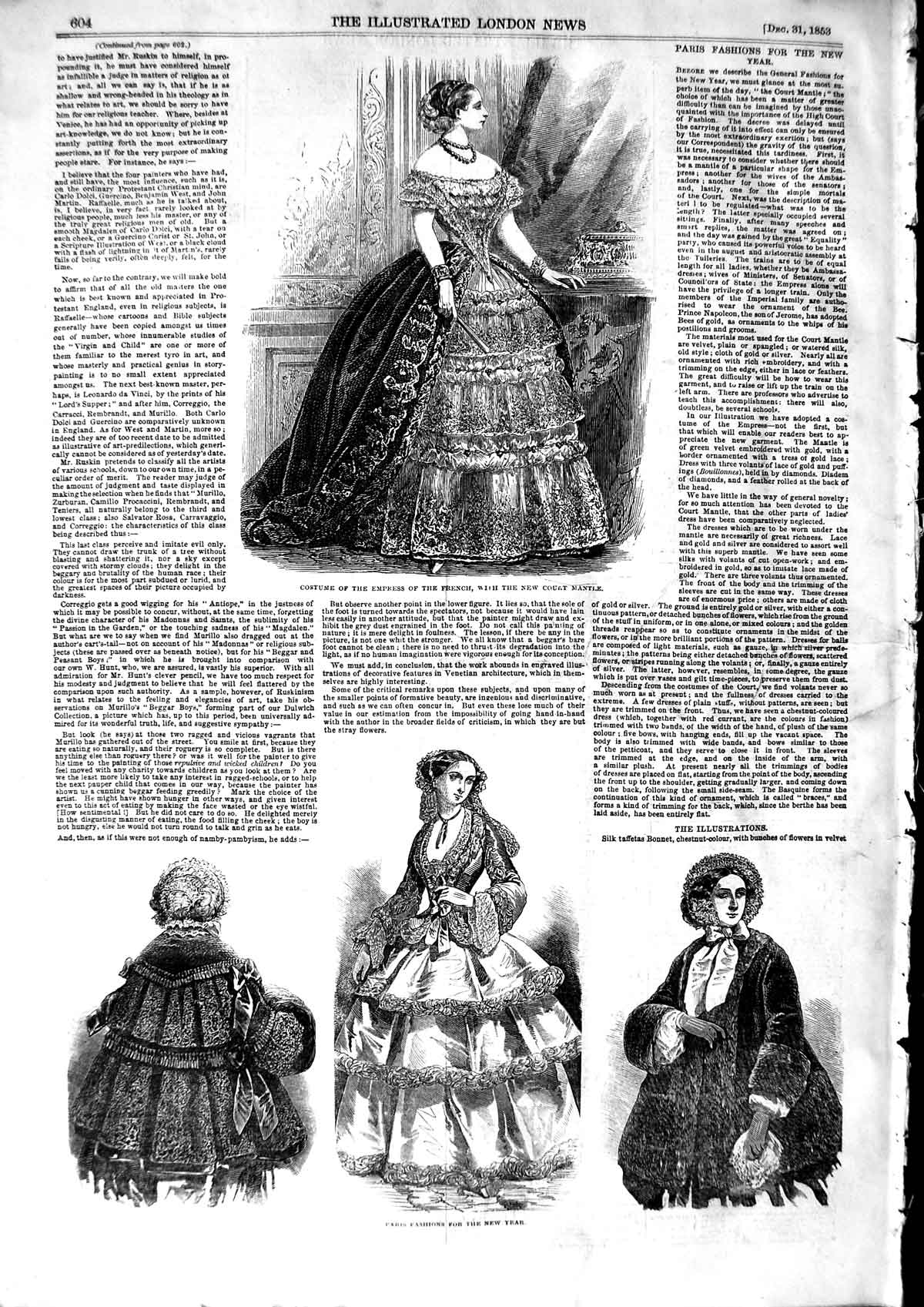Old Antique Print 1853 Paris Fashion Costume Empress French Court Mantle 19th