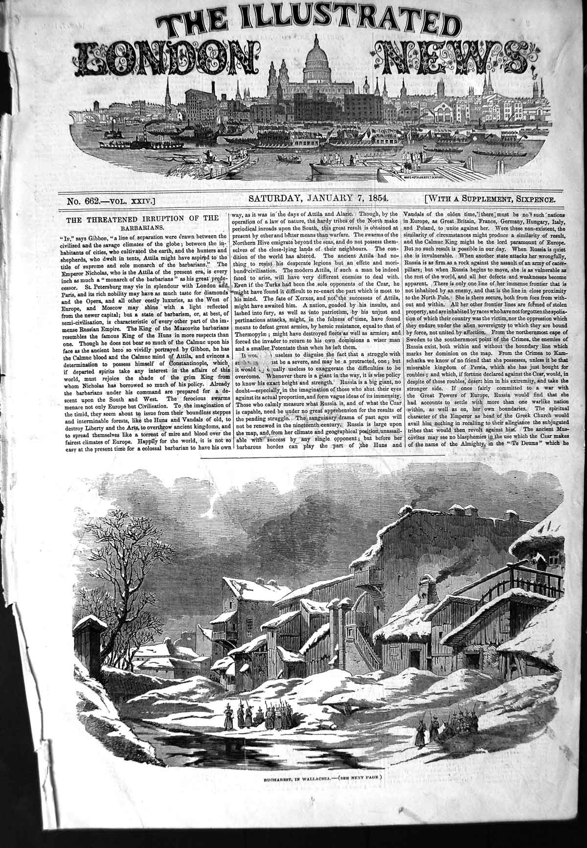 Original Old Antique Print 1854 View Bucharest Wallachia Snow Winte Victorian