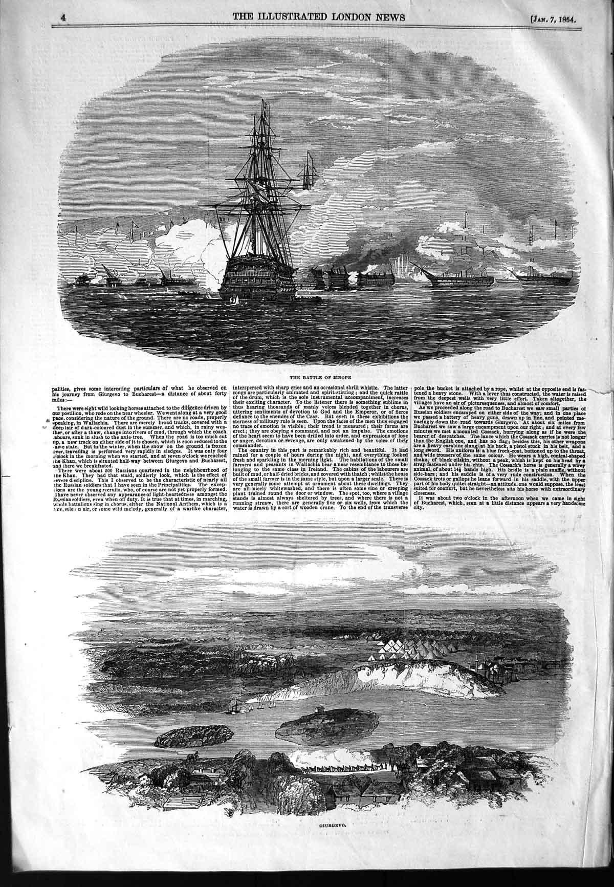 Original Old Antique Print 1854 Battle Sinope War Ship View Giurgevo Town Camp