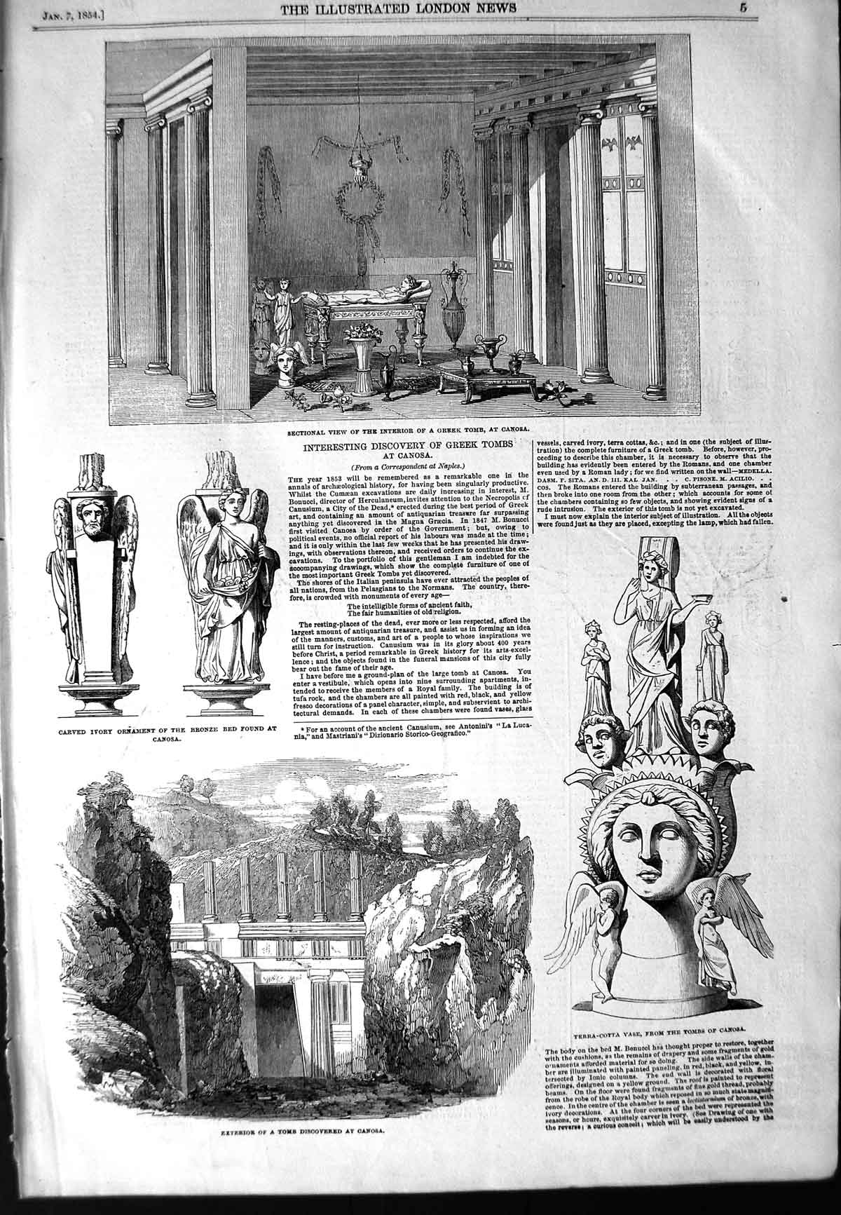 Original Old Antique Print 1854 Tomb Canosa Terra-Cotta Vase Carved Ivory 19th