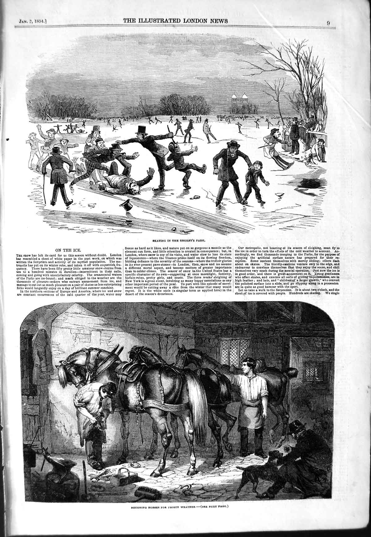 Original Old Antique Print 1854 Ice Skating Regent'S Park Roughing Horses Shoes
