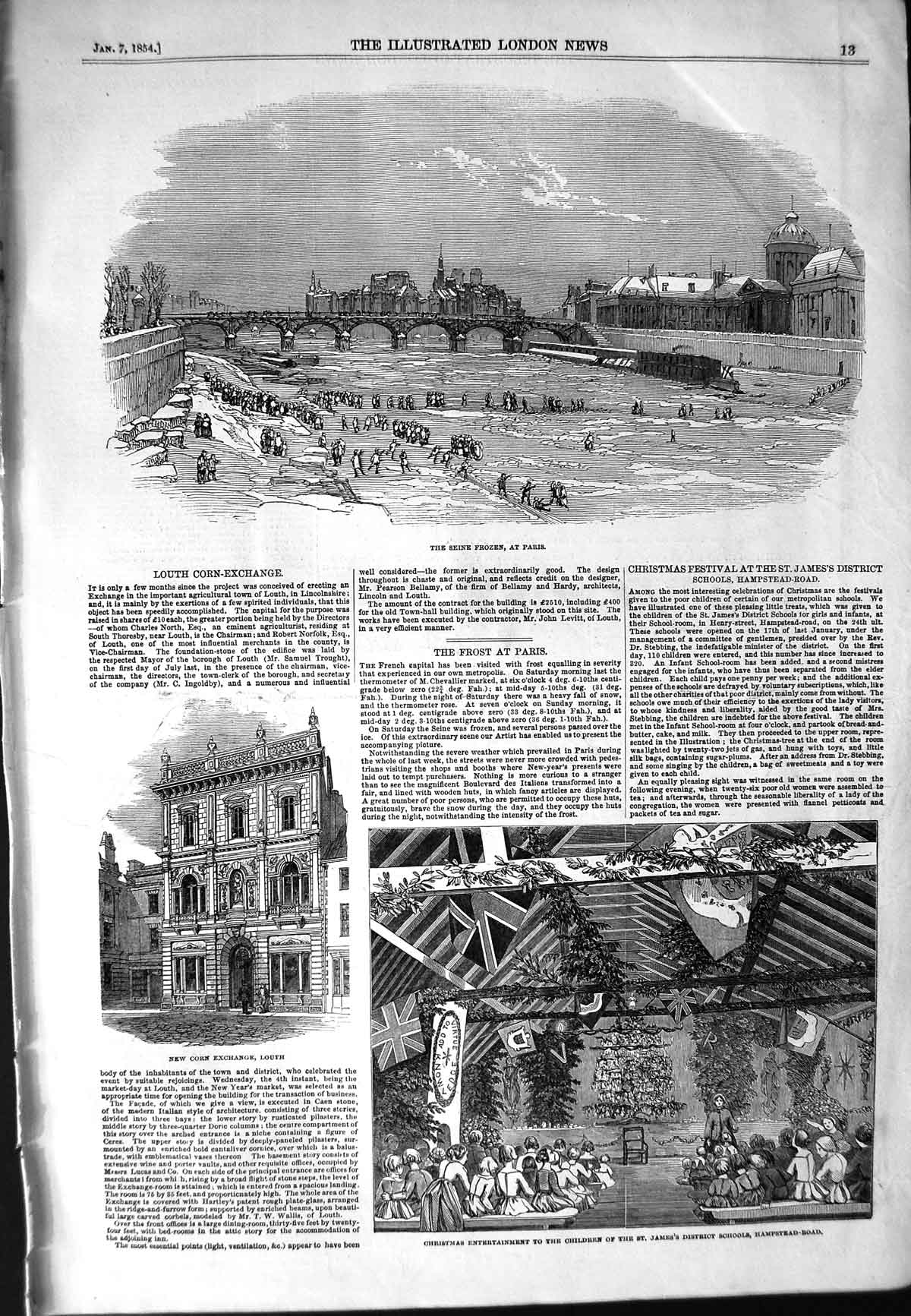 Original Old Antique Print 1854 Seine Frozen Paris Corn Exchange Louth Children