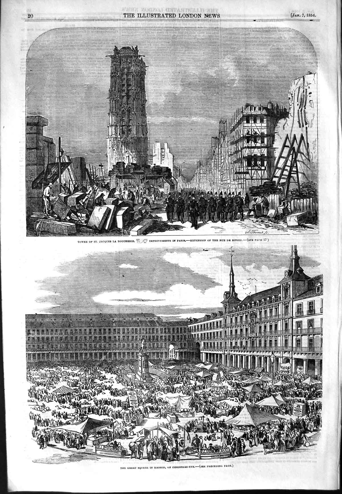 Old Antique Print 1854 Tower Jaques Boucherie Paris Square Madrid Spain 19th