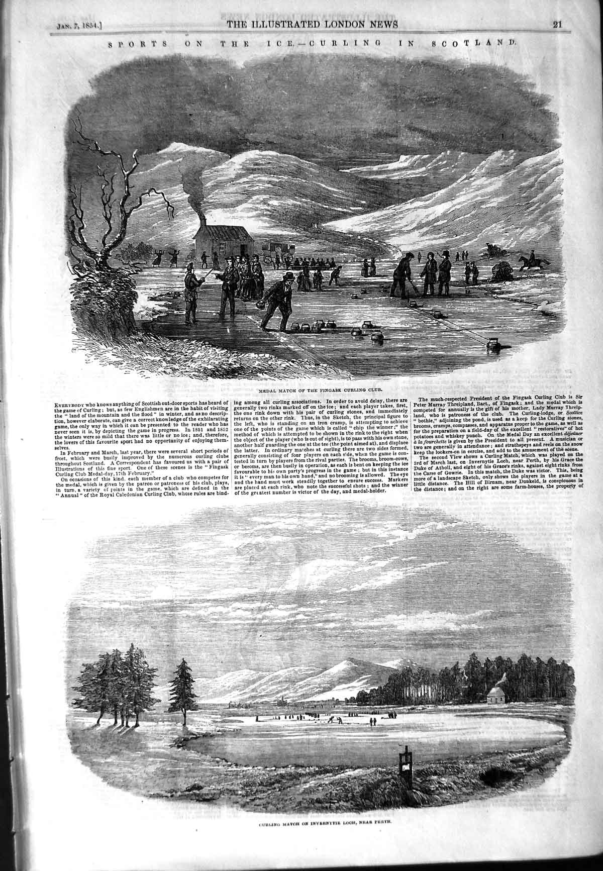 Original Old Antique Print 1854 Fingask Curling Match Sport Invernytie Loc 19th