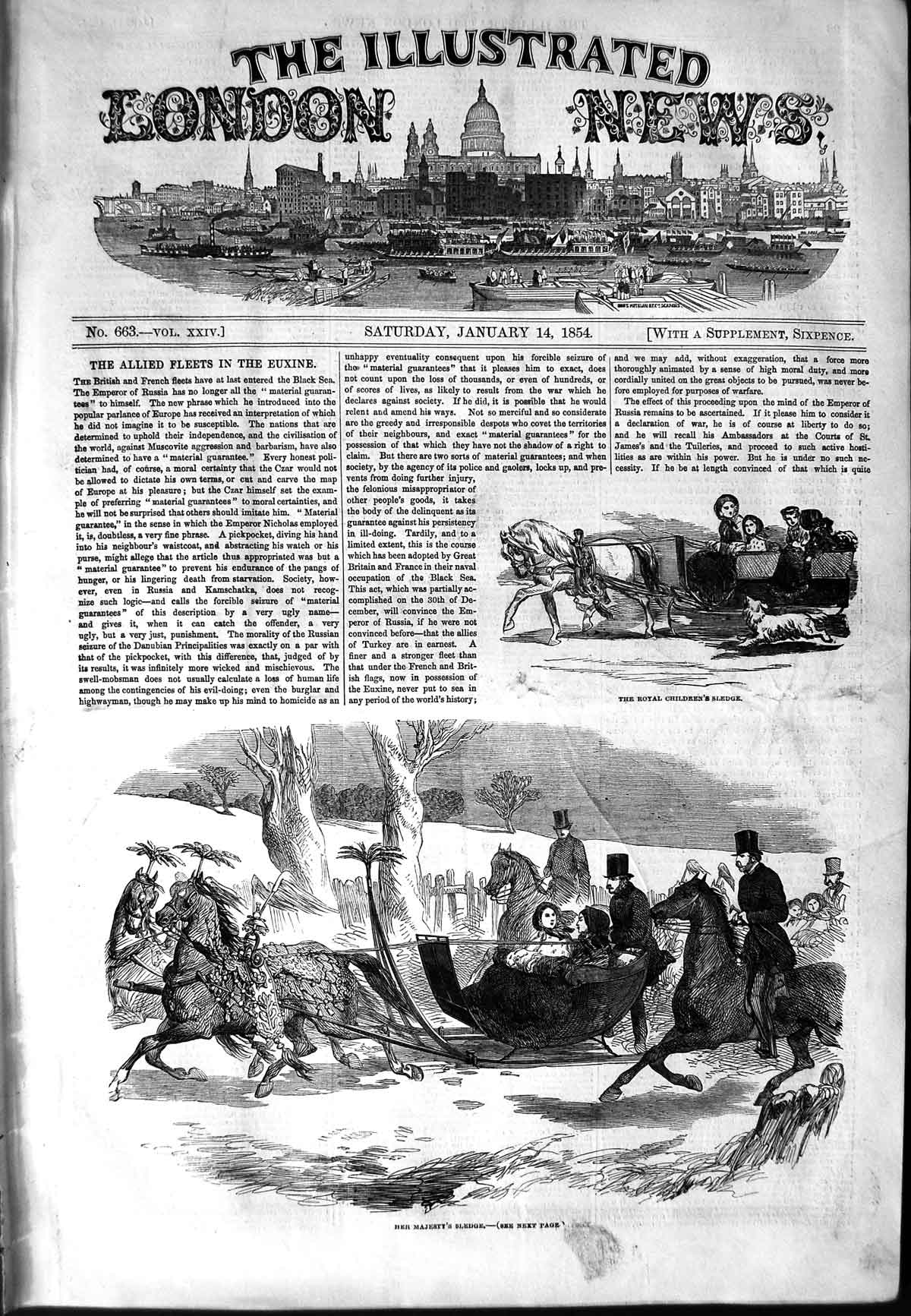 Old Antique Print 1854 Royal Children'S Sledge Queen Horses Snow Winter 19th