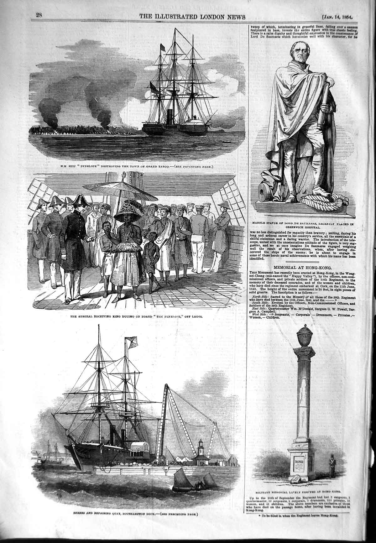 Original Old Antique Print 1854 Statue Saumares Southampton Dock Ships Penelope