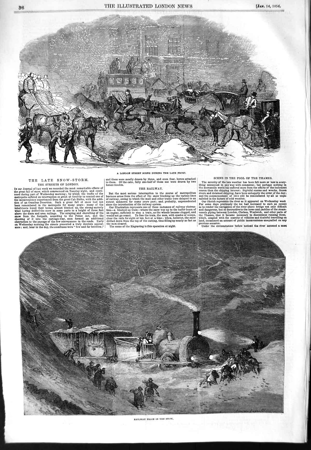 Original Old Antique Print 1854 London Street Scene Snow Frost Railway 19th