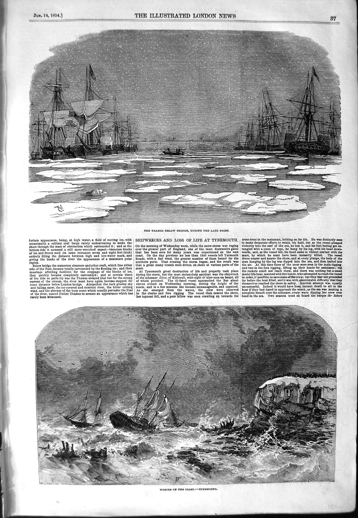 Old Antique Print 1854 River Thames Bridge Ships Wrecks Coast Tynemouth 19th