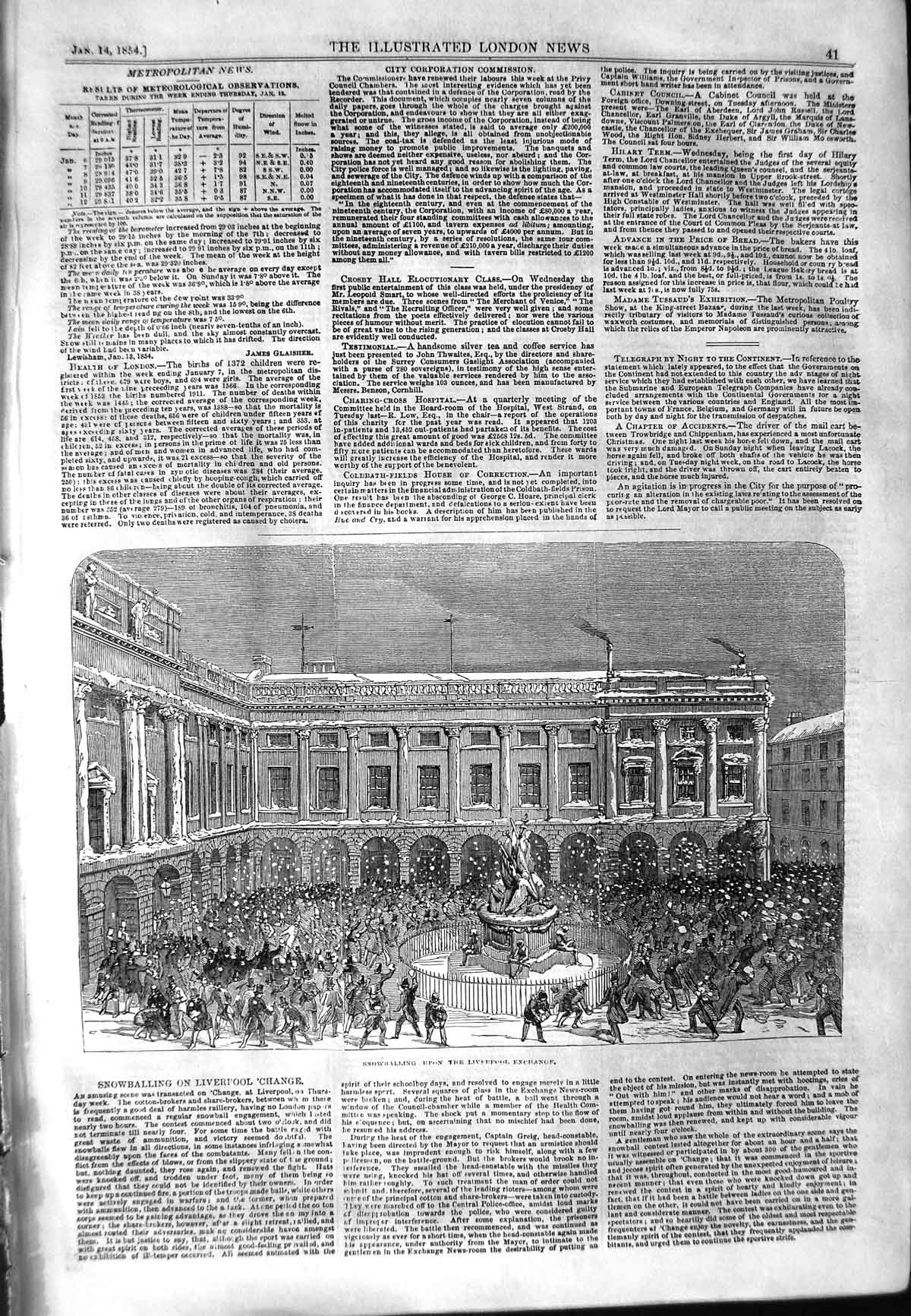 Original Old Antique Print 1854 Scene Snowballing Liverpool Exchange Building