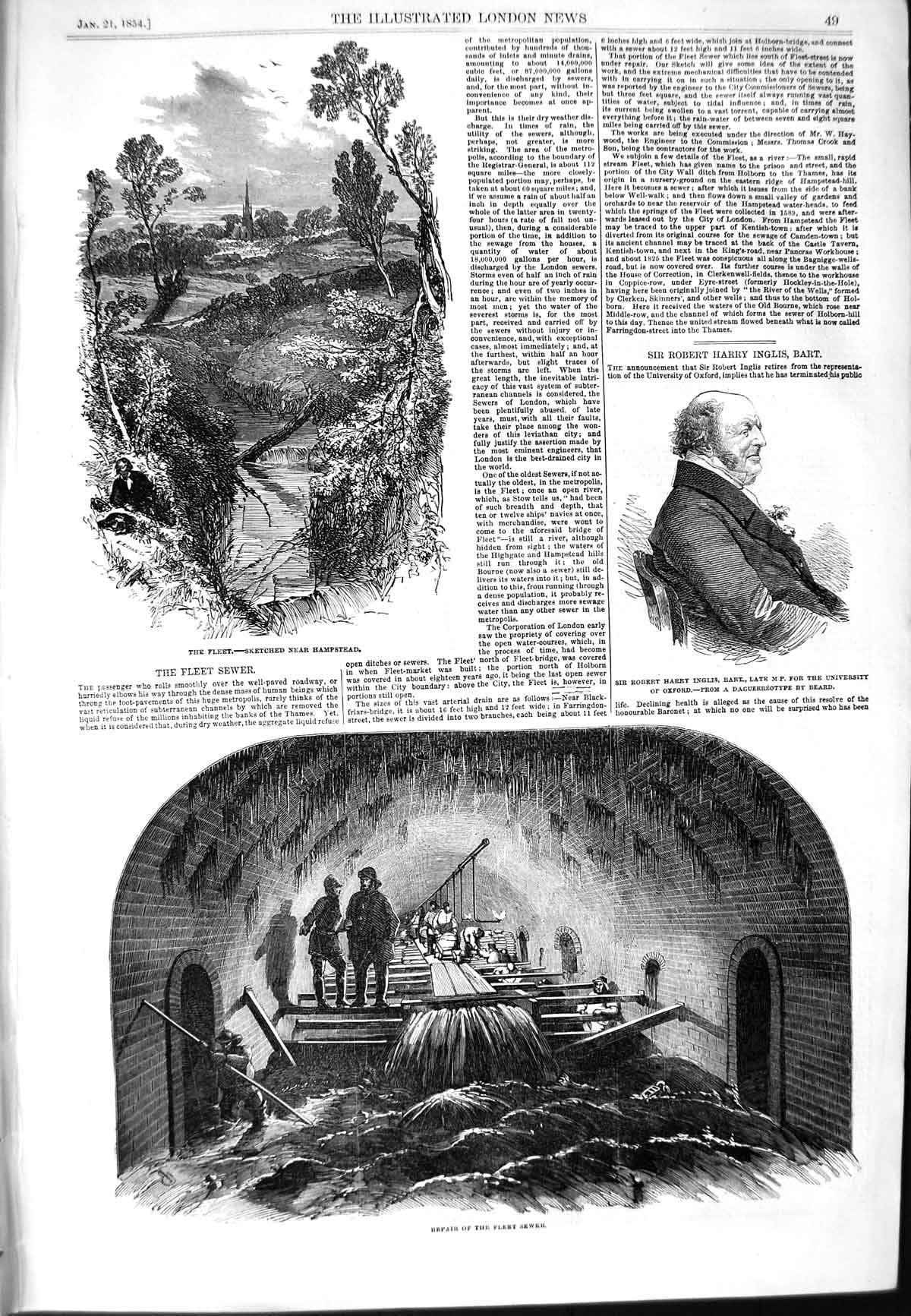 Original Old Antique Print 1854 Sir Robert Harry Inglis Fleet Sewer Hampstead