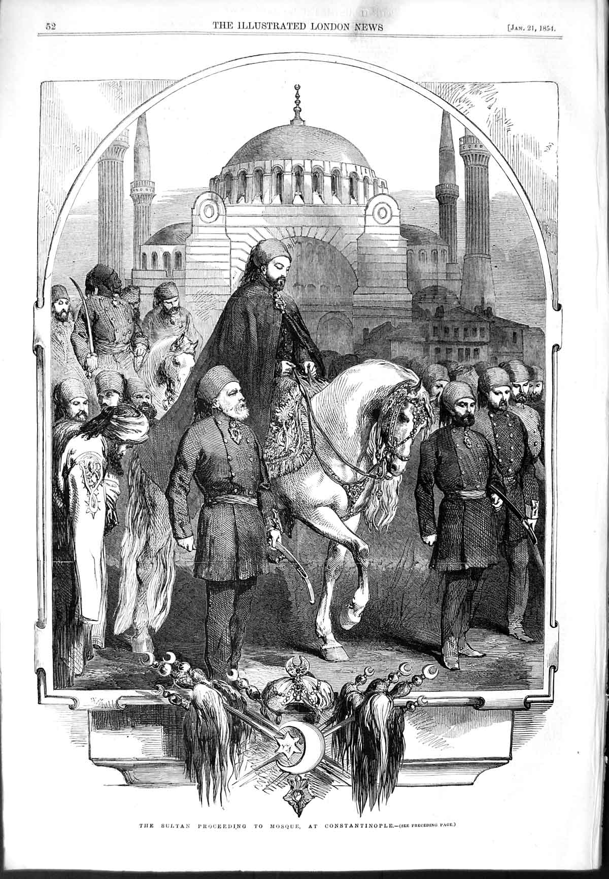 Original Old Antique Print 1854 Scene Sultan Proceeding Mosque Constantinople