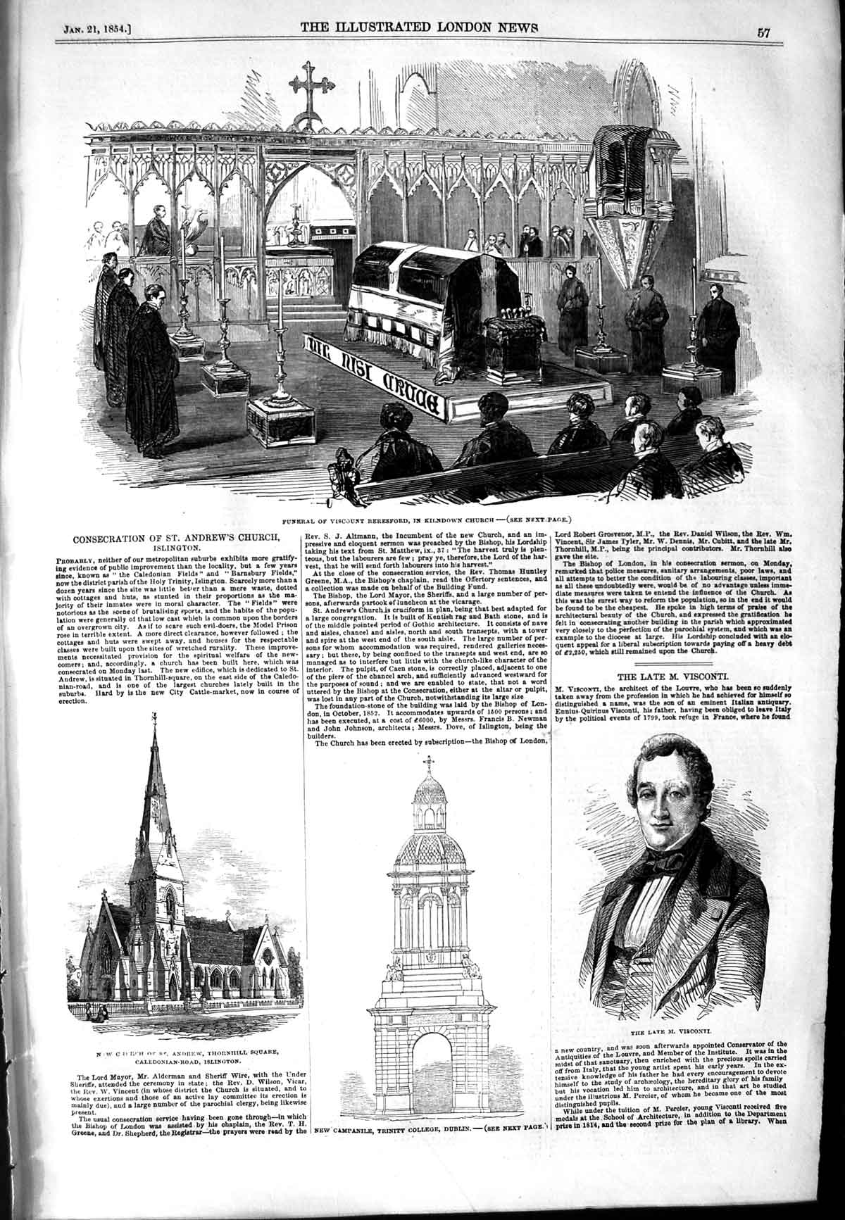 Old Antique Print 1854 Church Andrew Islington Visconti Kilndown Dublin 19th